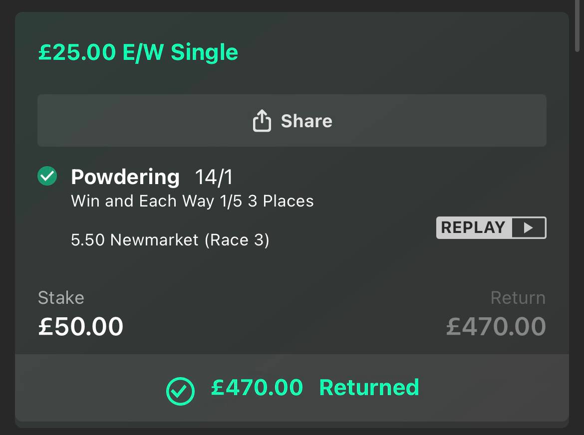 Powdering winning bet slip showing £470 returned